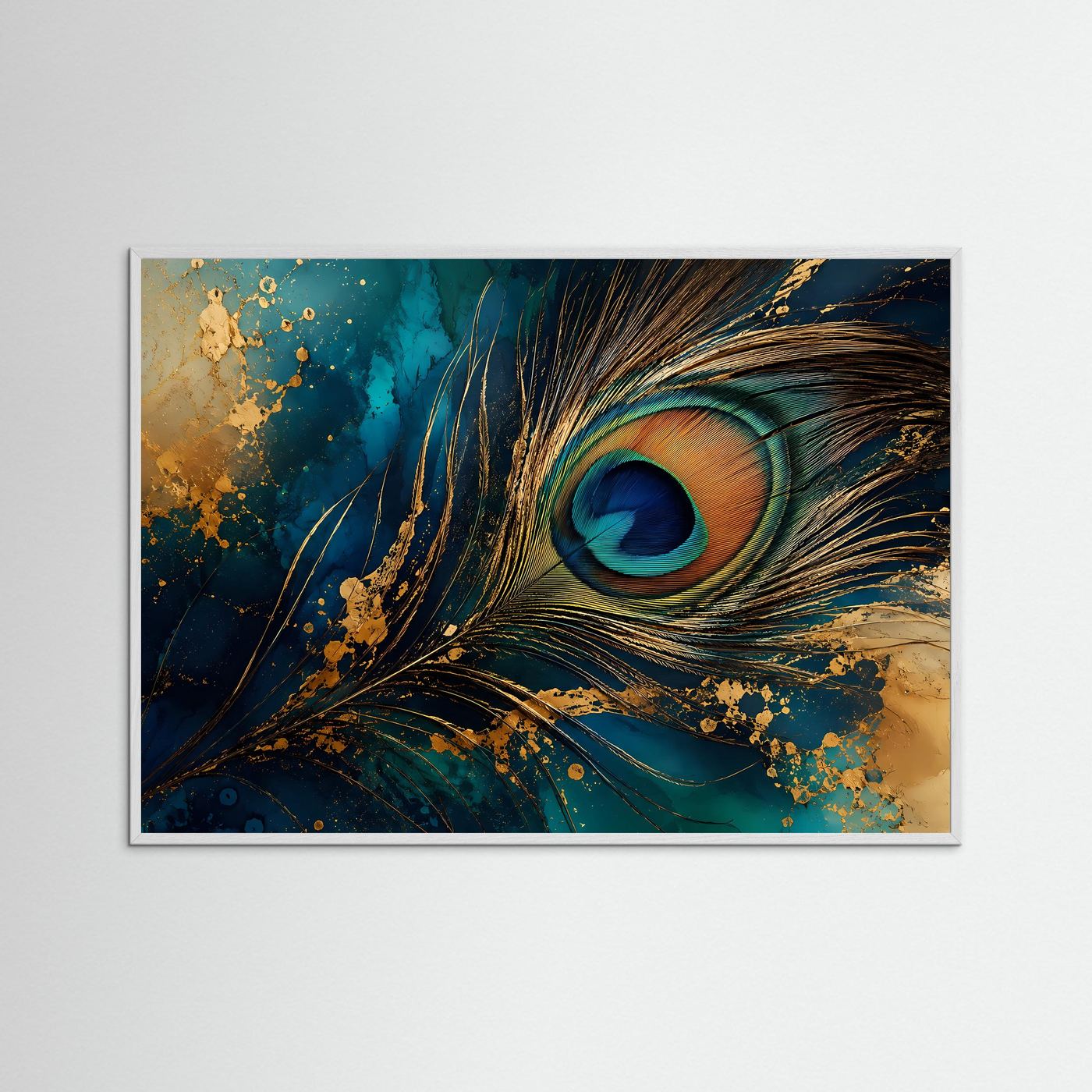Pfauenfeder in Petrol & Gold | Luxuriöse abstrakte Wandkunst