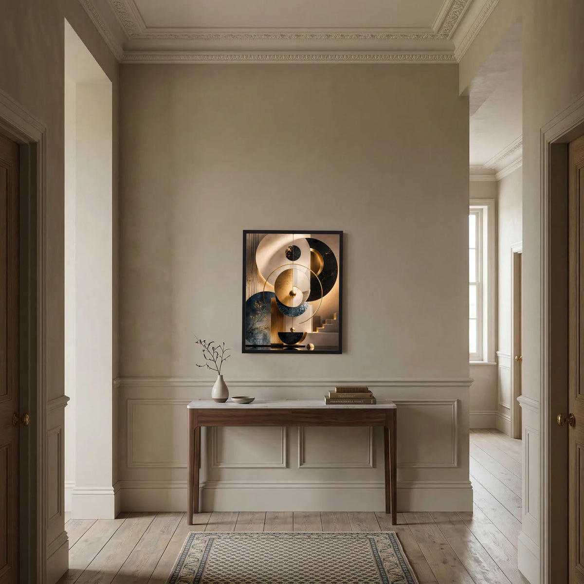 Gerahmtes abstraktes Poster mit gold-schwarzen Kreisen in Beige und Petrol