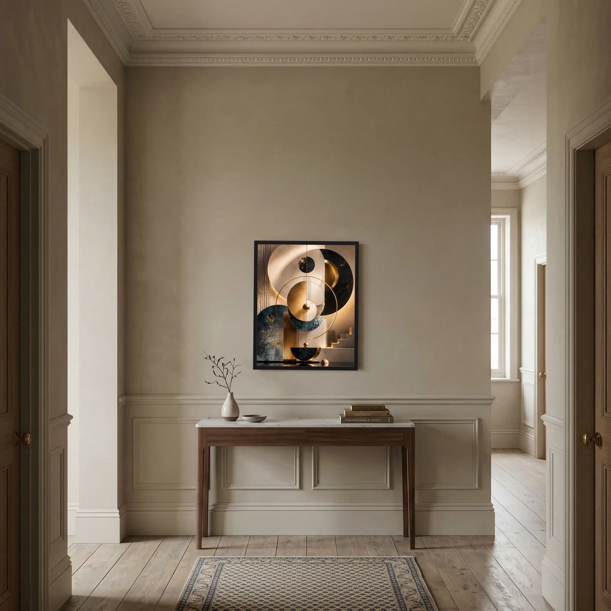 Gerahmtes abstraktes Poster mit gold-schwarzen Kreisen in Beige und Petrol