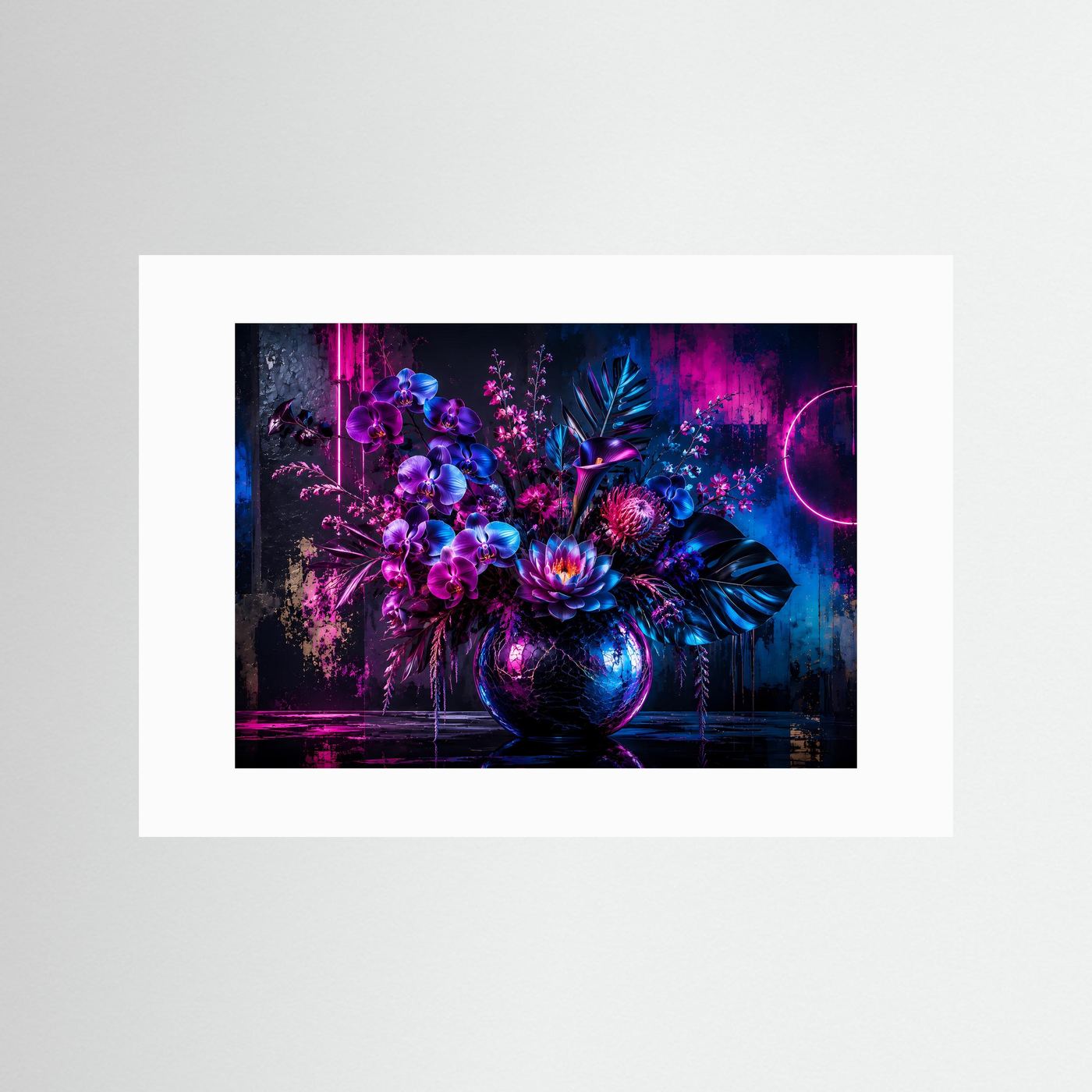 Neon Blumenstrauß Poster Querformat | Moderne Florale Wandkunst in Pink, Blau & Violett | Futuristisches Blumen Wandbild