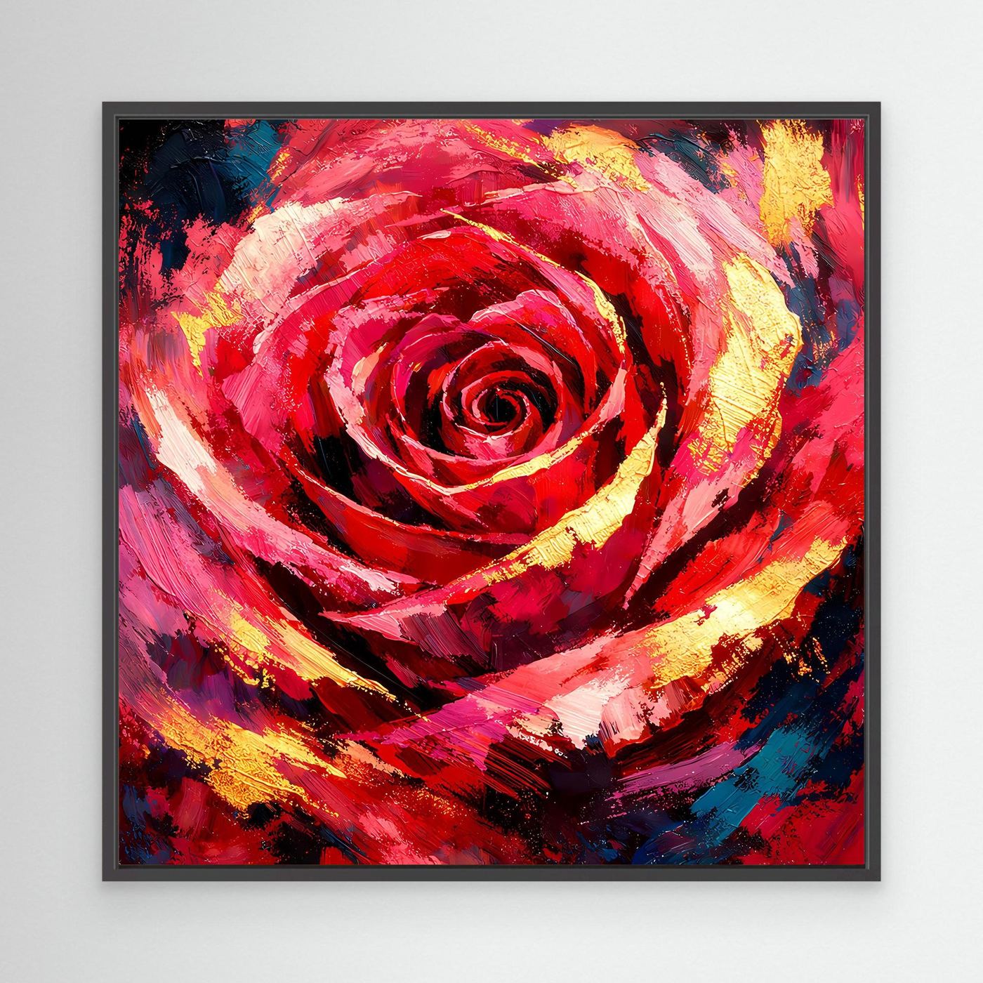 Leinwandbild mit abstrakter Rose, rot und gelb, mit schwarzem Rahmen