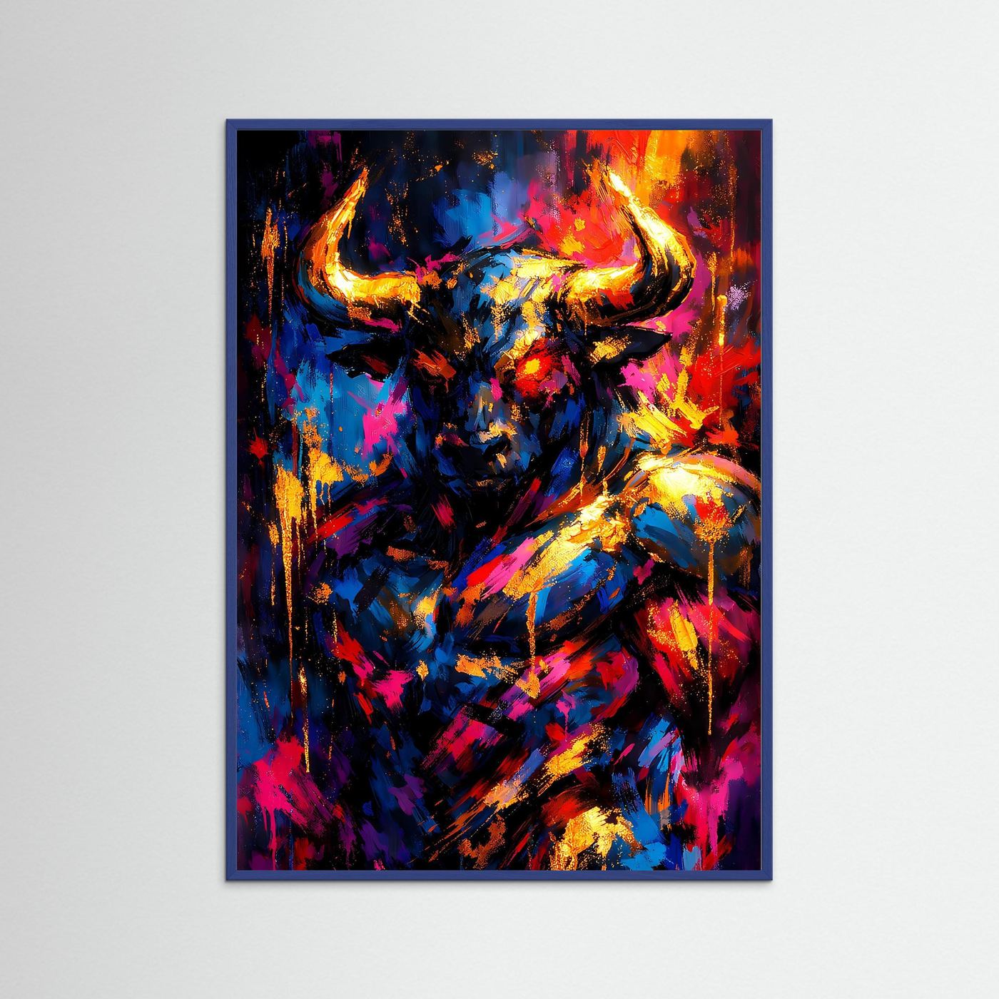 Sternzeichen-Poster Stier in Neonfarben und Gold mit blauem Rahmen, hochformatig