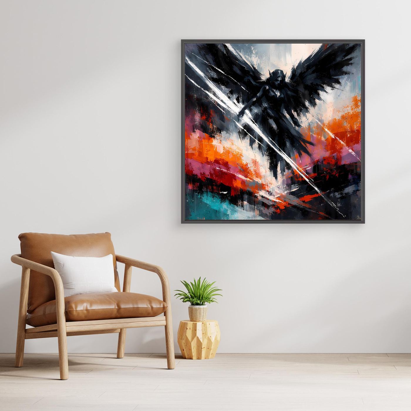 Abstraktes Leinwand-Wandbild mit schwarzem Engelsmotiv, dunkler Rahmen
