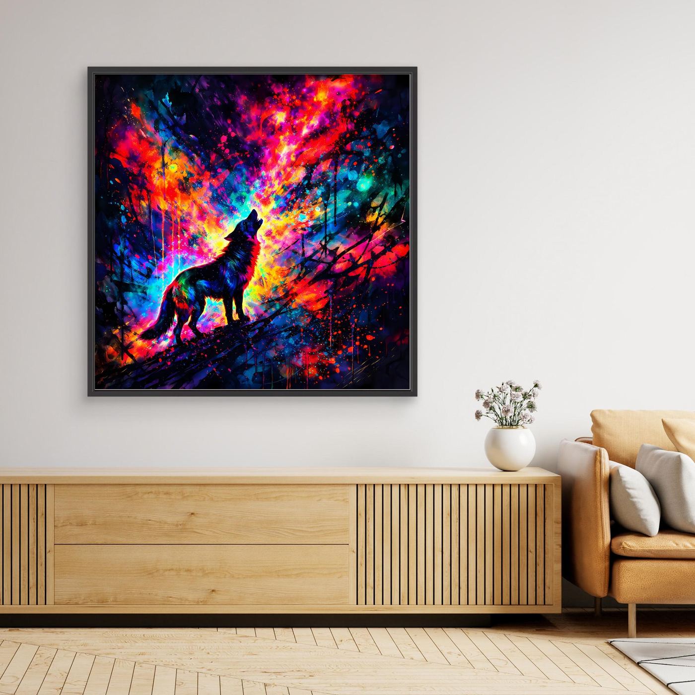 Gerahmtes Leinwandbild mit heulendem Wolf als farbenfrohe Silhouette, schwarzer Rahmen