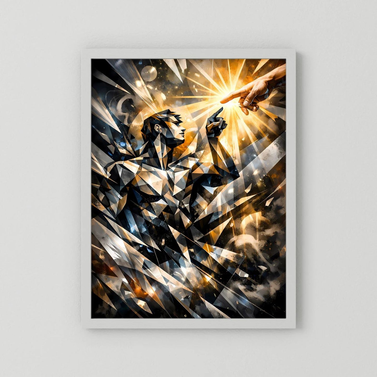 Abstraktes Hochformat-Wandposter mit weißem Rand und Sonnenstrahlen, Figur und Hände im Dreieckslook