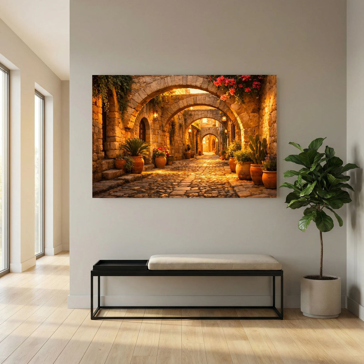 Wandbild im Querformat mit Steinbogen-Gasse und warmem Licht über Bank und Pflanze