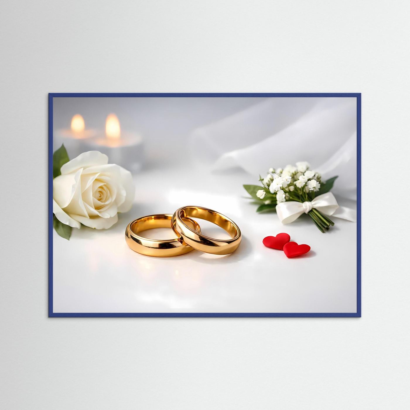 Hochzeits-Poster im blauen Rahmen mit goldenen Eheringen, weißer Rose und Kerzen