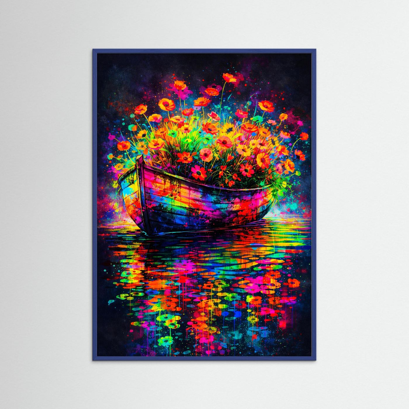 Abstraktes Blumenboot-Poster mit blauem Rahmen, Neonblumen im Boot und Spiegelung
