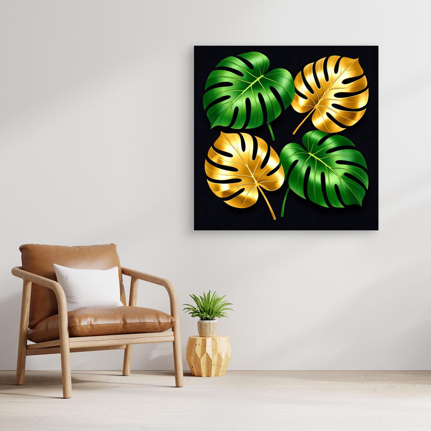 Leinwandbild mit vier Monstera-Blättern in Grün und Gold auf dunklem Grund, rahmenlos wirkend