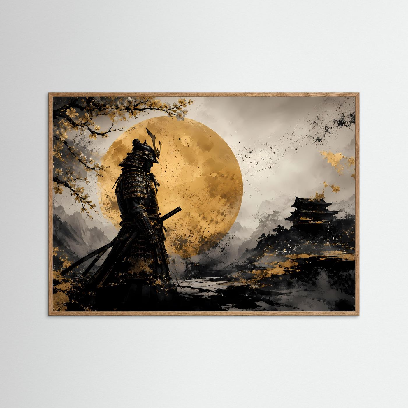 Einsamer Samurai vor goldenem Mond | Japanische Kunst & Kirschblüten Poster