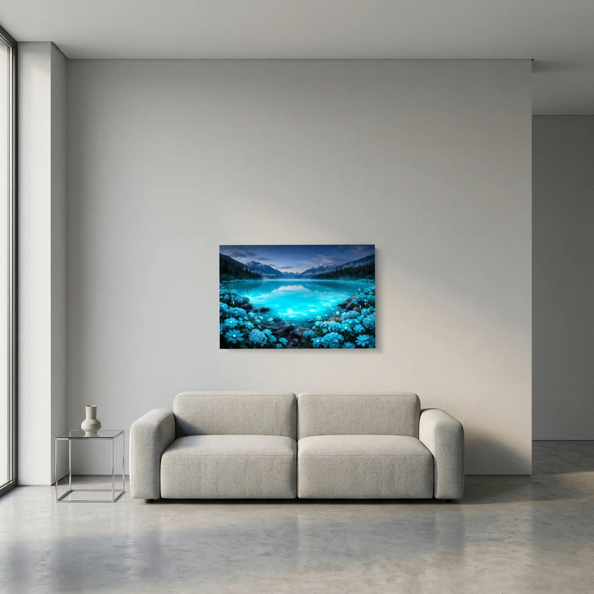 Leuchtendes Querformat-Wandbild mit blauem See, Bergen und dichtem Blütenmeer