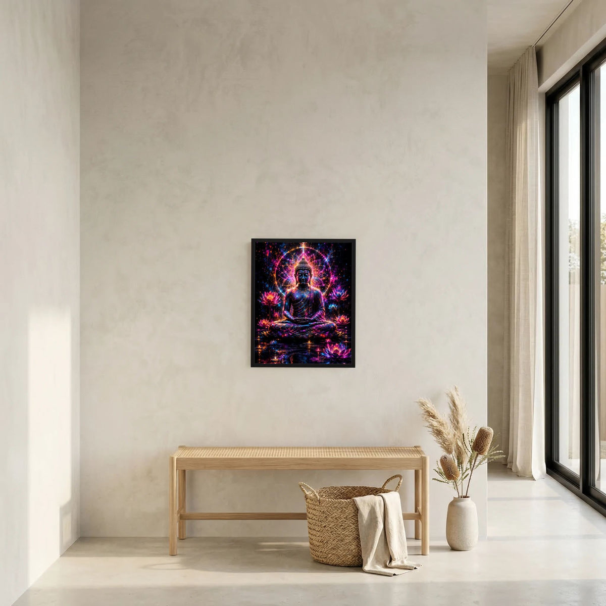 Rahmenposter mit sitzendem Buddha und Neon-Lotus-Blüten vor dunklem Farbsprühgrund