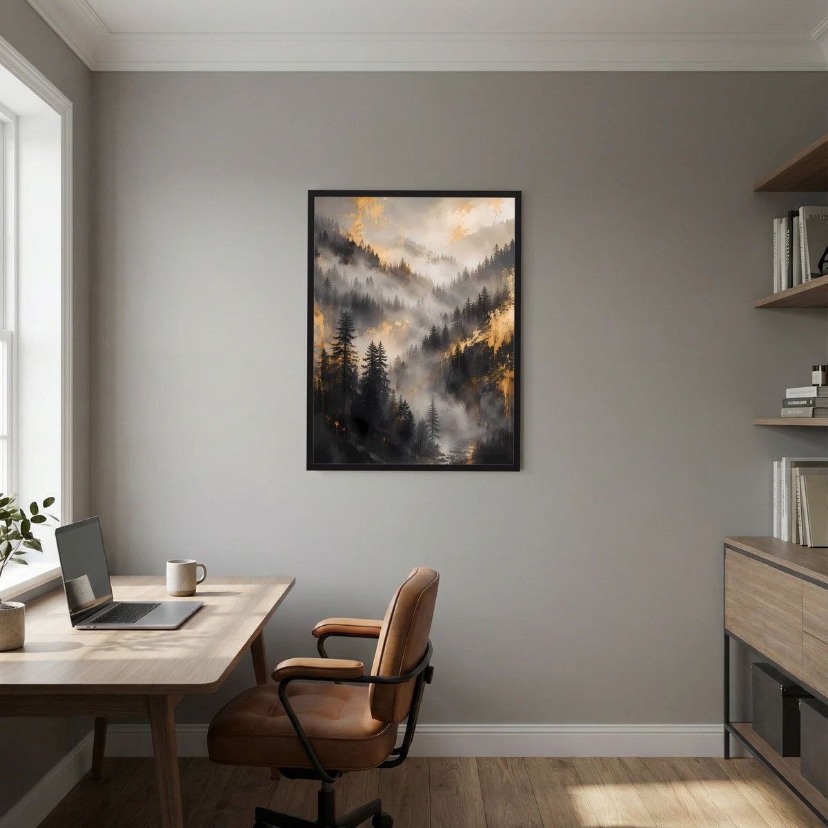 Gerahmtes Poster im Hochformat mit nebligem Bergpanorama, Tannen und goldenen Highlights