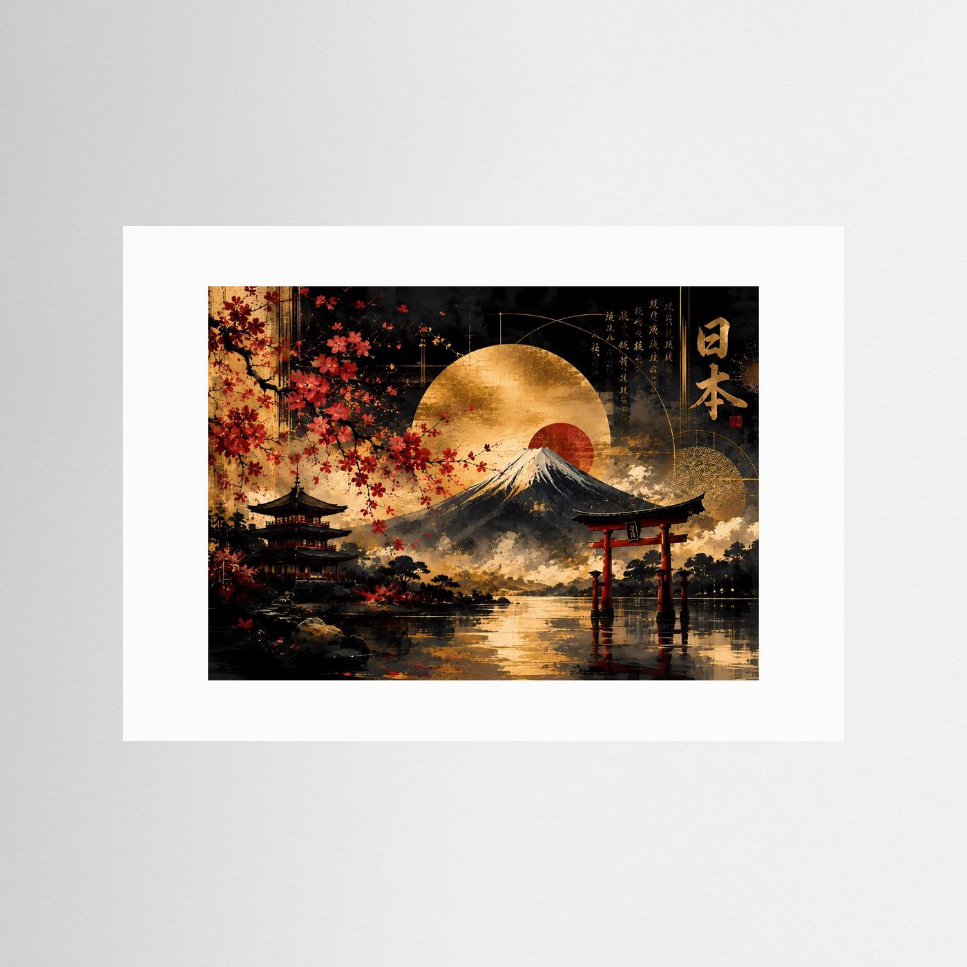 Japanische Landschaft mit Fuji, Kirschblüten und Torii | Goldene Sonne über Pagode und Wasser | Asiatische Wandkunst in Schwarz, Gold und Rot im Querformat