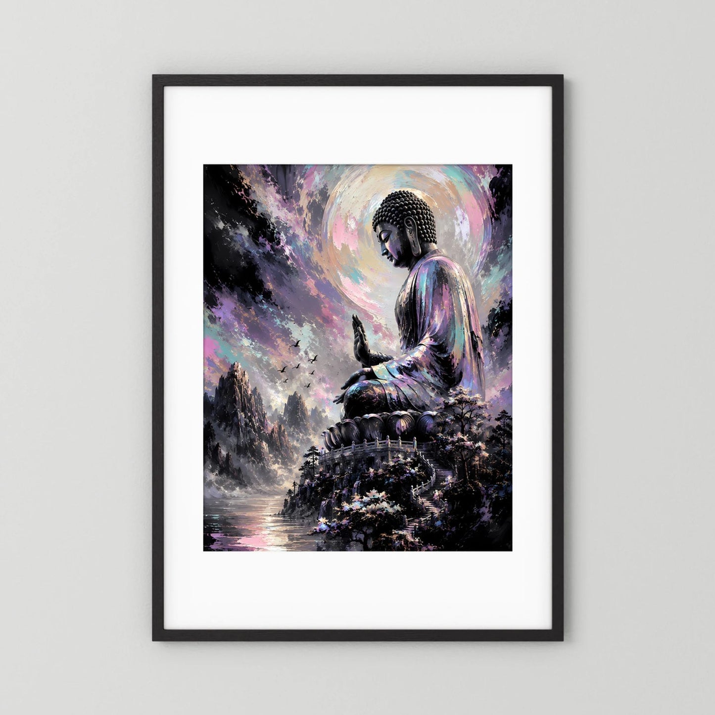 Kunstposter mit meditierendem Buddha in Pastellfarben, schwarzer Rahmen mit weißem Rand