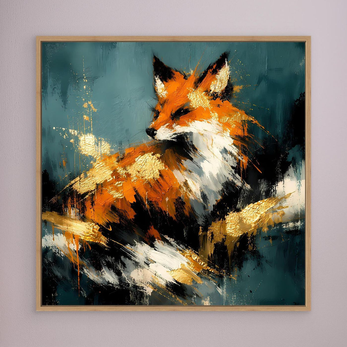 Leinwandbild mit abstraktem Fuchs in Orange, Weiß und Gold, türkis, beiger Rahmen