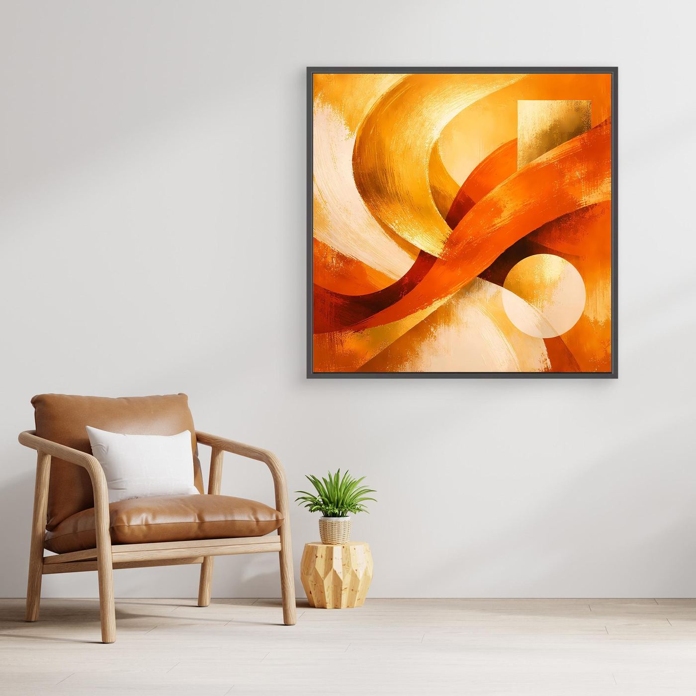 Quadratisches Leinwandbild mit goldenen Kurven und warmen Orangeflächen, orange gerahmt.