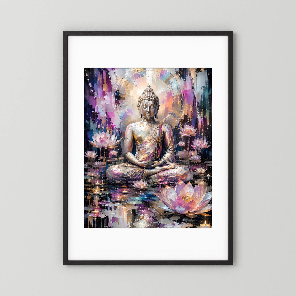 Poster im schwarzen Rahmen mit weißem Passepartout: Buddha-Meditation, Lotusblüten.