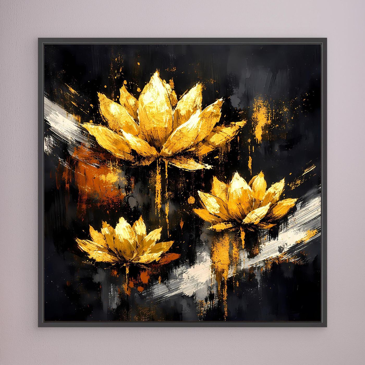 Leinwand Edle Lotusblüten in Gold und Schwarz | Modernes Florales Luxus Wandbild
