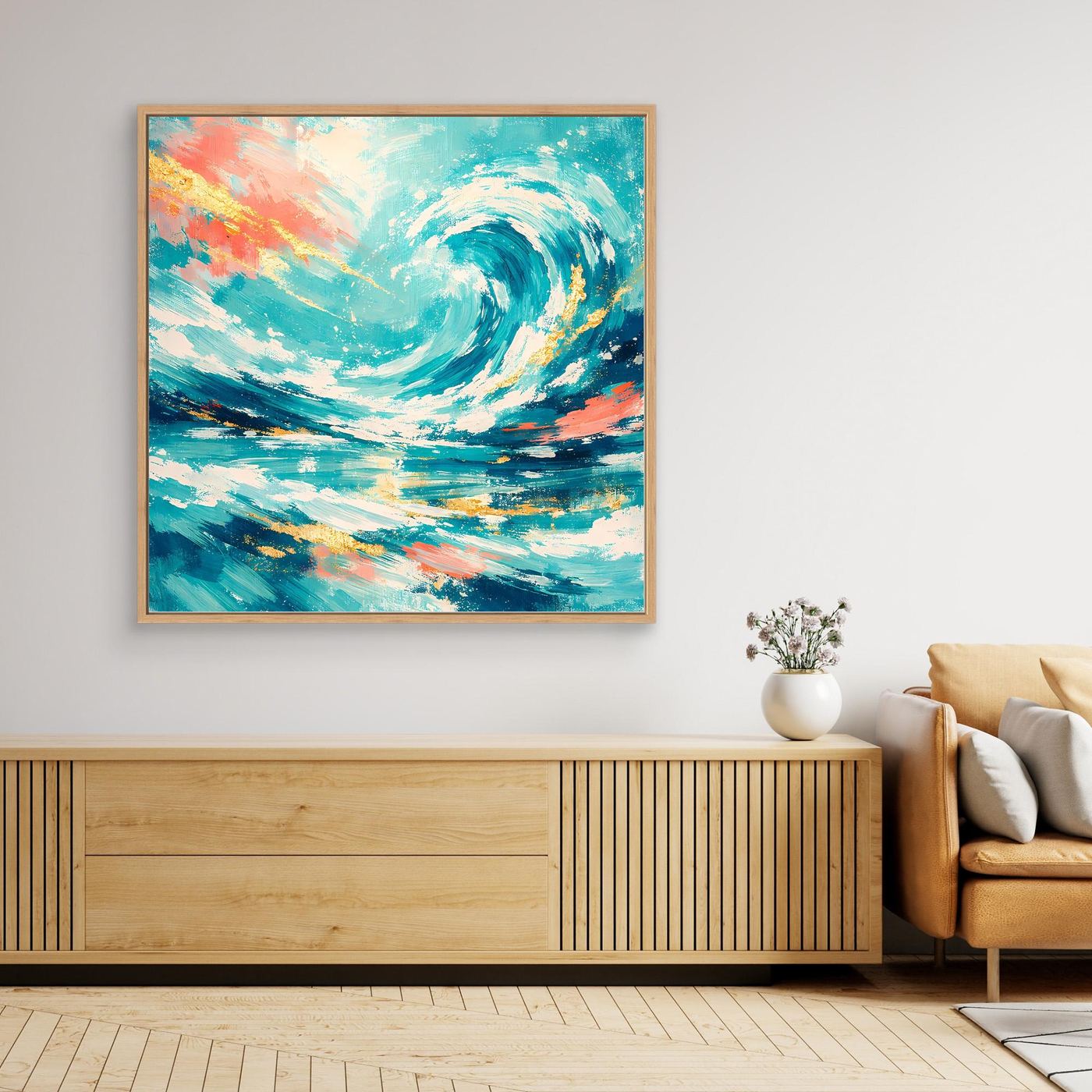 Leinwandbild abstrakte Meereswelle mit goldfarbenem Rahmen, Türkis, Blau und Gold, modern