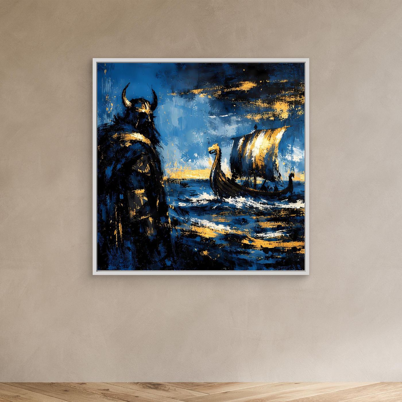 Leinwand Mythischer Wikinger und Langschiff | Abstraktes Nordisches Wandbild