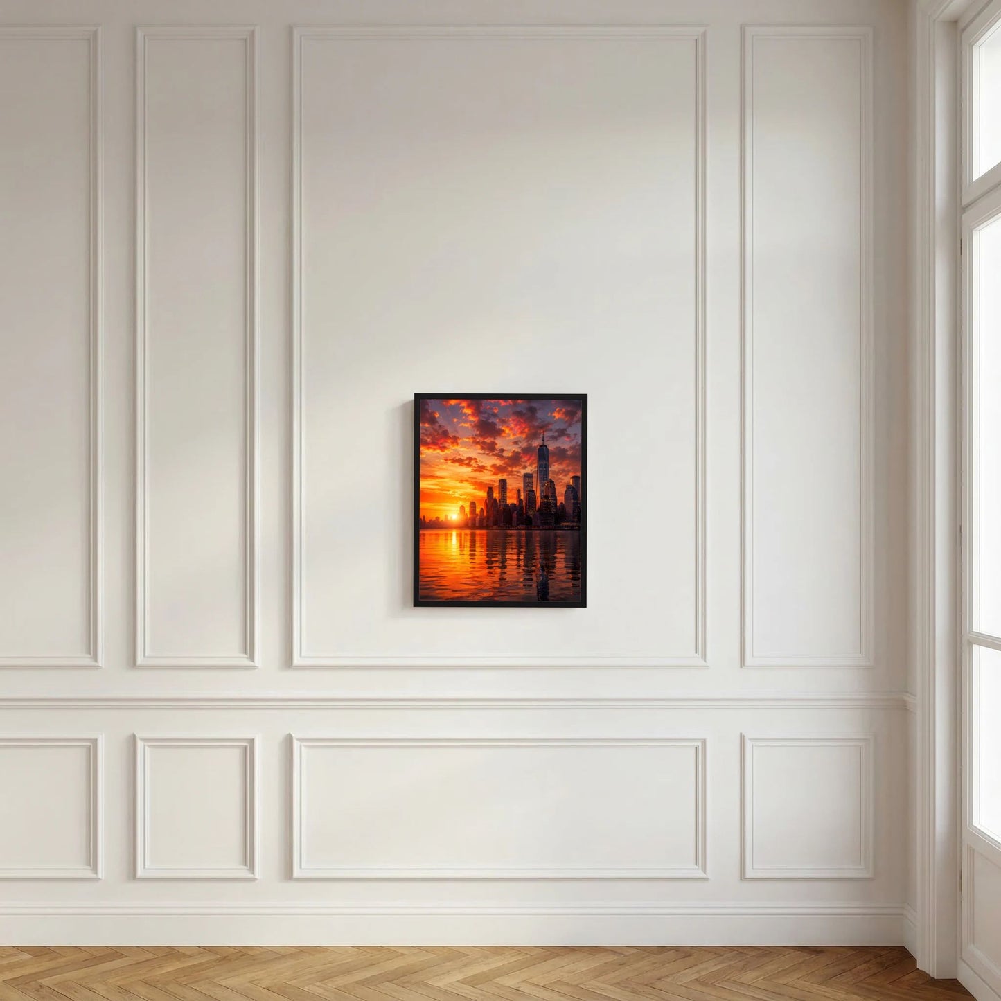 Gerahmtes Stadtposter mit schwarzem Rahmen, Skyline bei Sonnenuntergang und Spiegelung