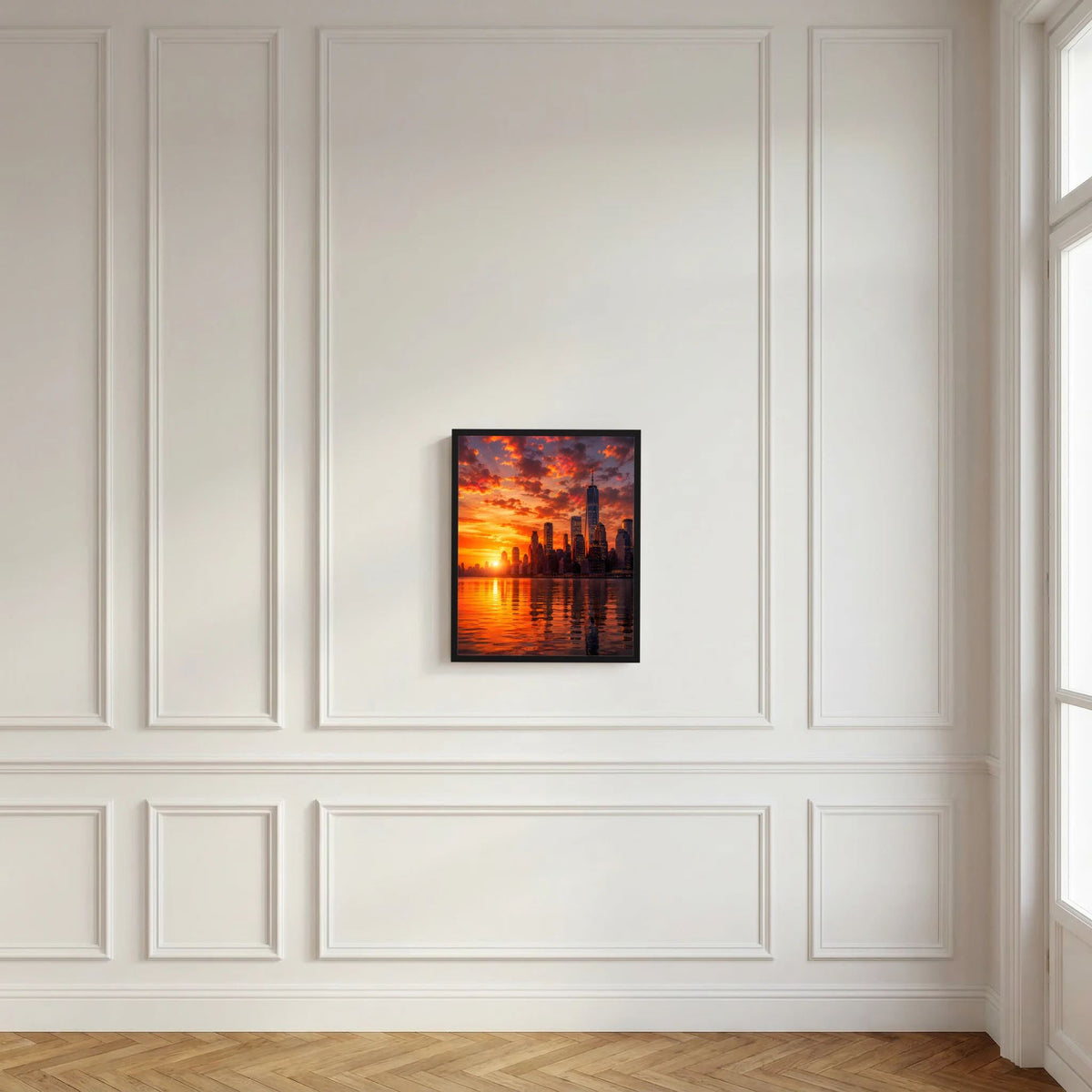Gerahmtes Stadtposter mit schwarzem Rahmen, Skyline bei Sonnenuntergang und Spiegelung