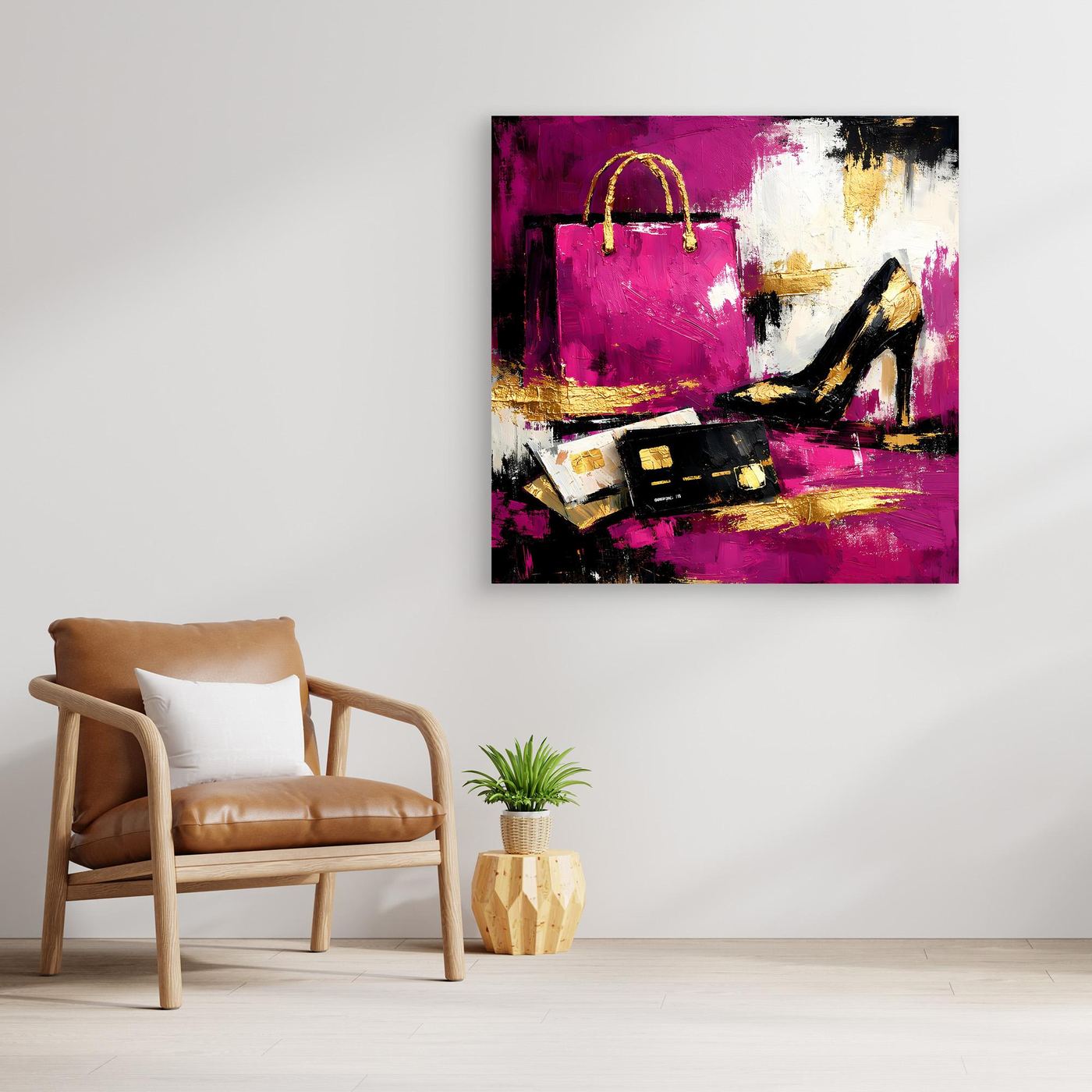 Leinwand Abstraktes Fashion Wandbild in Pink und Gold | Modernes High Heels & Shopping Gemälde