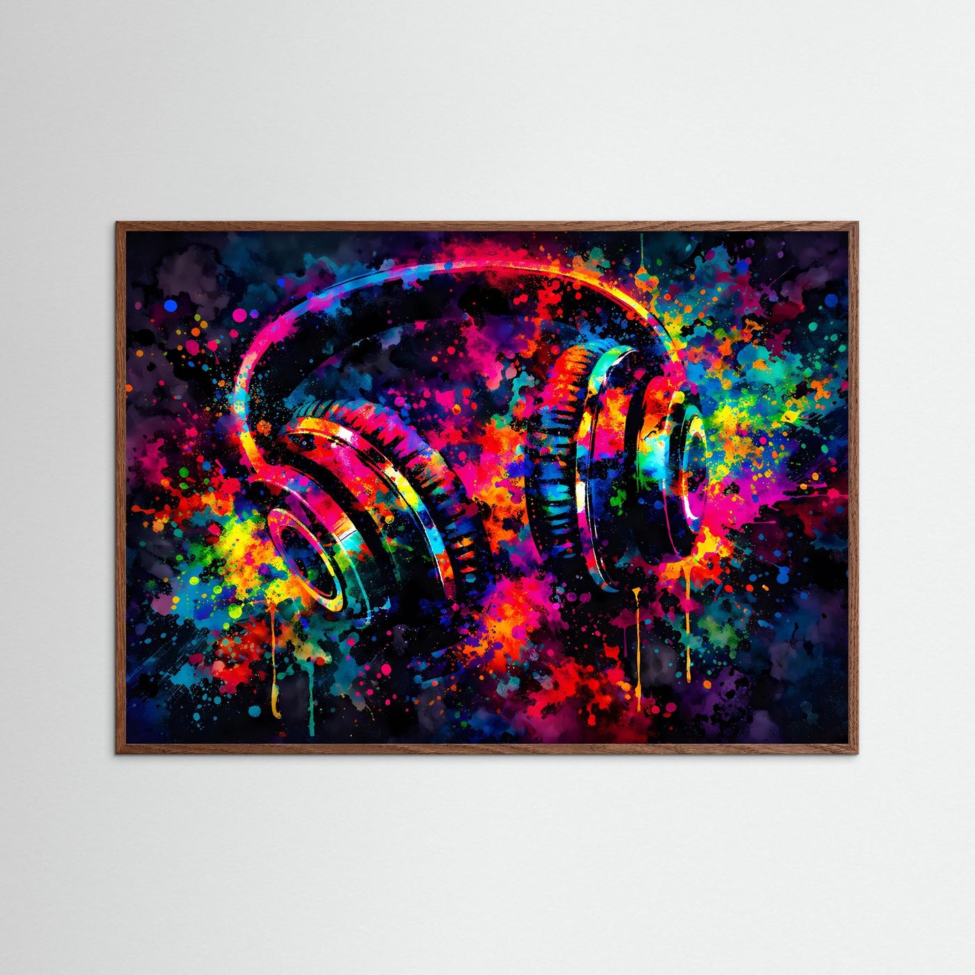 Wandbild mit bunten Kopfhörern im Pop-Art-Neonstil, Querformat, dunkler Eichenrahmen
