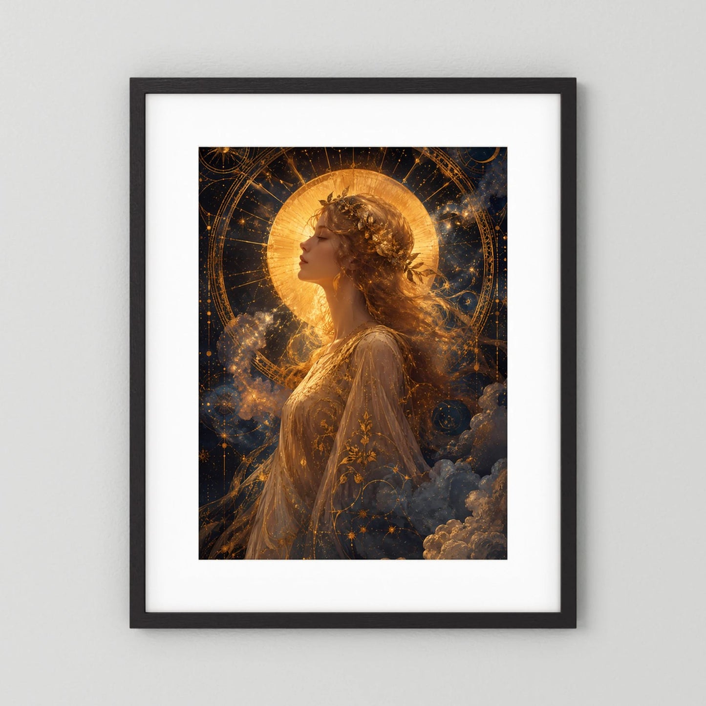 Poster im Hochformat mit goldener Frau im Profil, Sonne, Mond und Sternen, schwarz gerahmt
