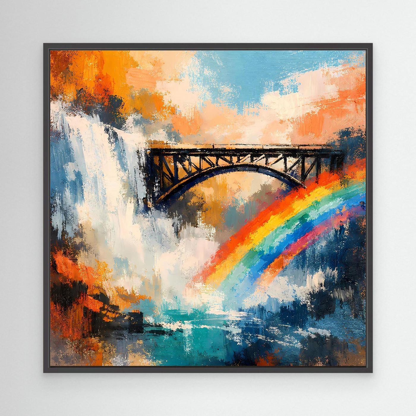 Abstraktes Leinwand-Wandbild mit Wasserfall, Brücke und Regenbogen im schwarzen Rahmen