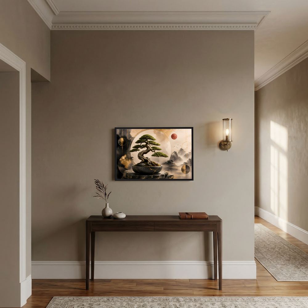 Poster mit Bonsai-Baum in Schwarz und Gold im Querformat, schwarzer Rahmen