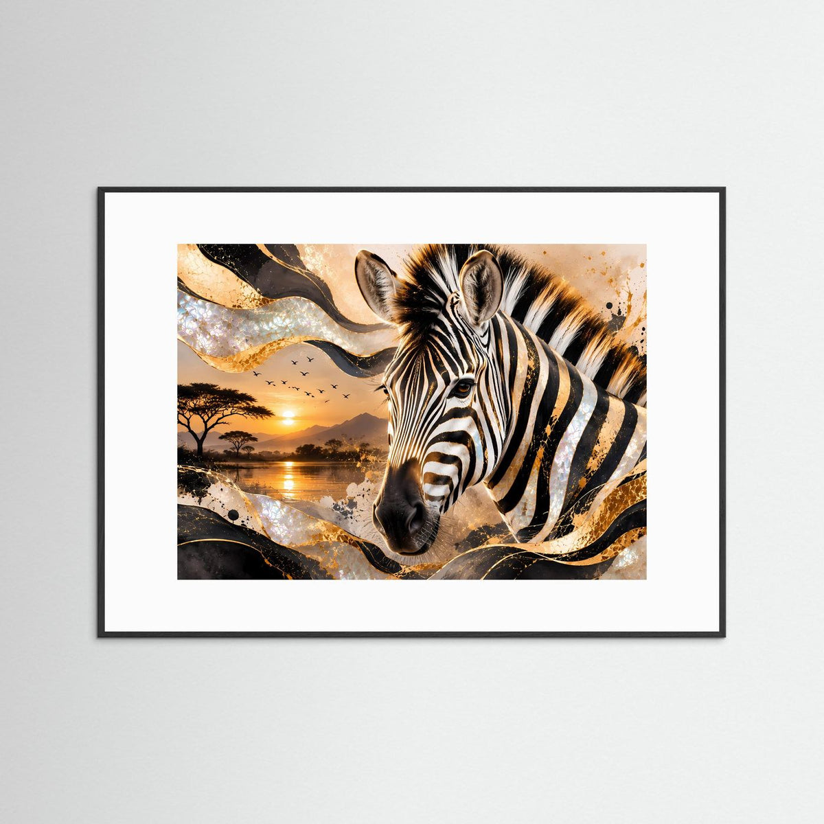 Gerahmte Wandkunst: Zebra-Porträt in Schwarz, Weiß, Gold und Perlmutt mit schwarzem Rahmen
