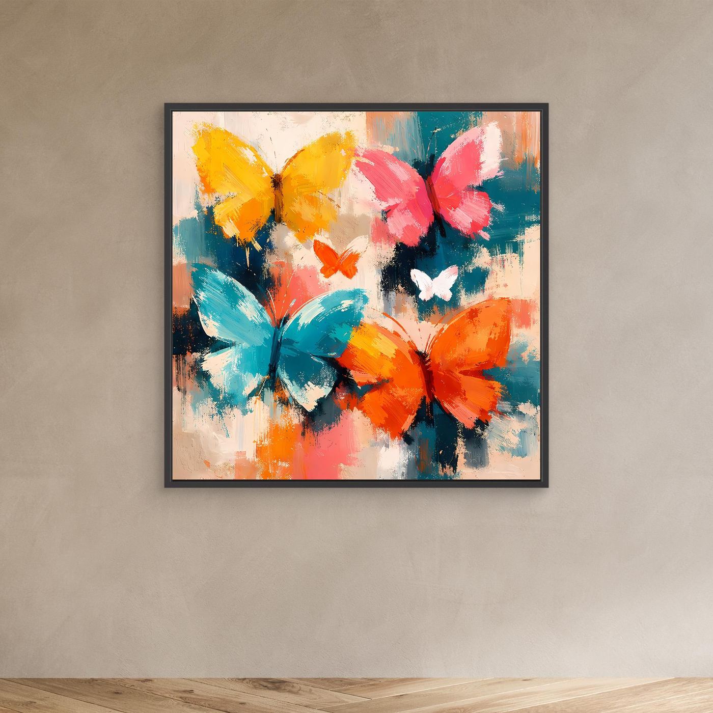 Leinwand Farbenfrohe Schmetterlinge im Flug | Abstraktes Natur & Frühling Wandbild