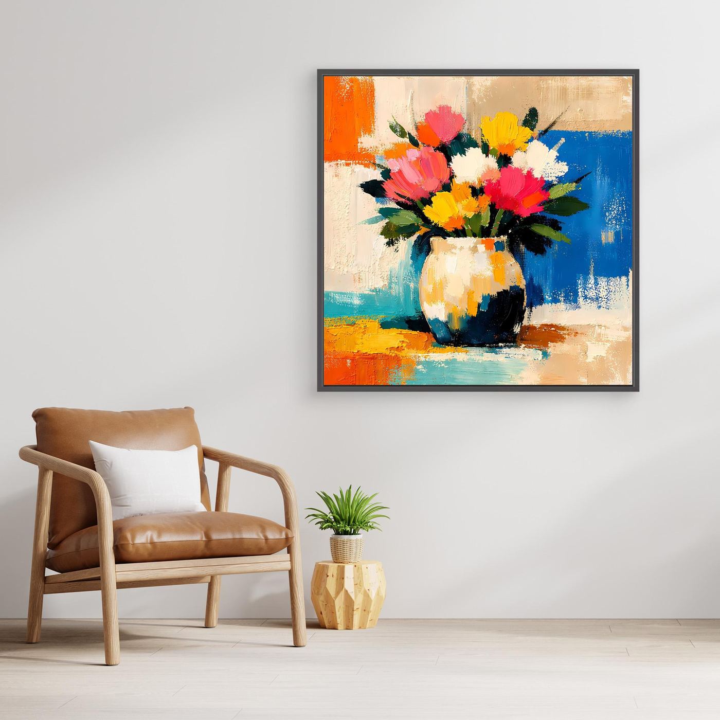 Framed wall art canvas featuring a colorful bouquet in a white vase, black frame