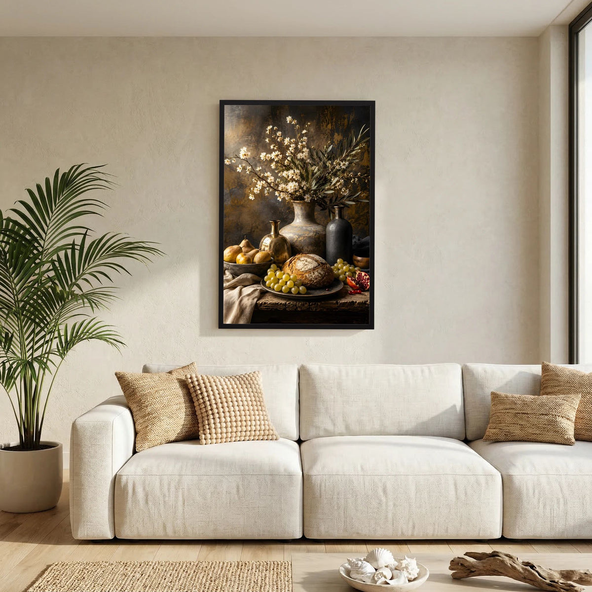 Kunstposter im schwarzen Rahmen an der Wand: Blumenstrauß und rustikales Stillleben