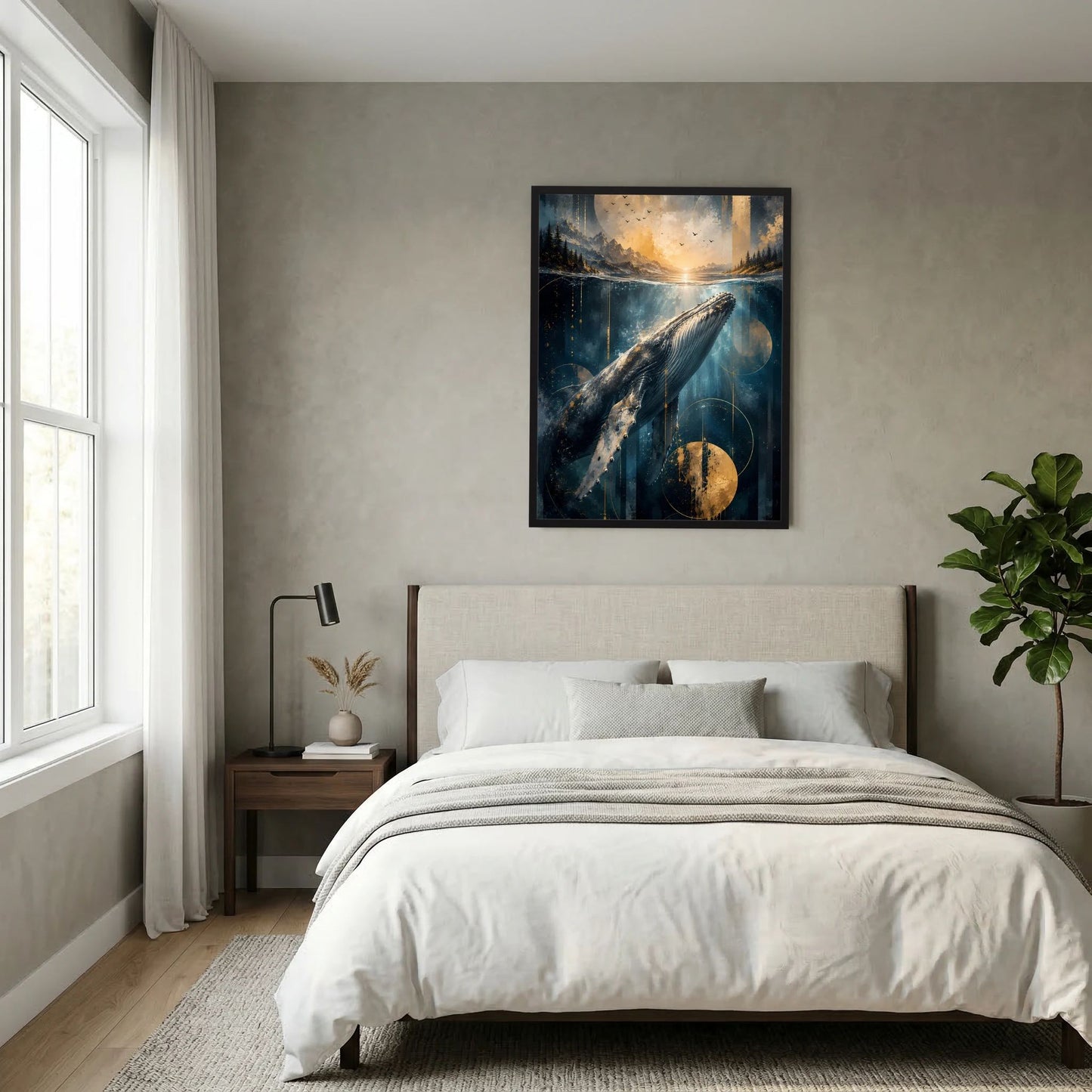 Gerahmtes Hochformat-Poster: Pottwal unter Wasser in Blau-Gold am Nachthimmel