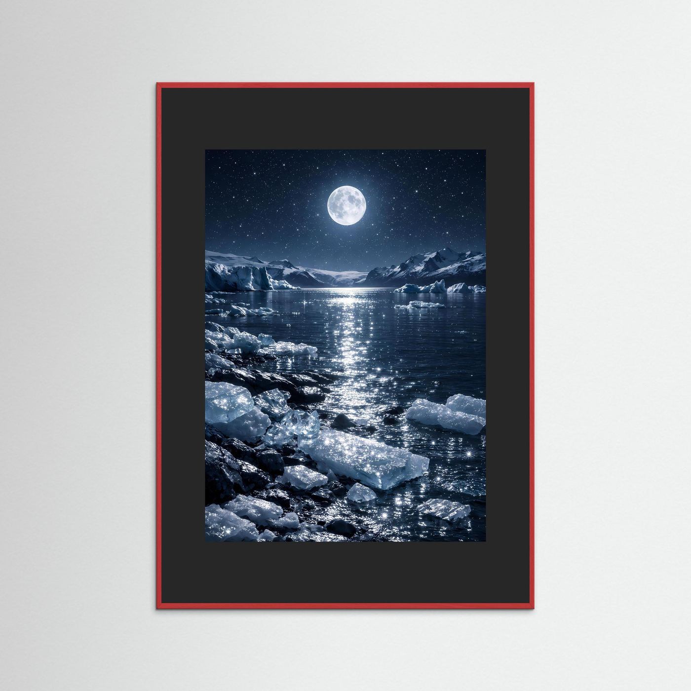 Wandbild mit Vollmond über dem Eismeer, dunkler Rahmen mit roter Kante