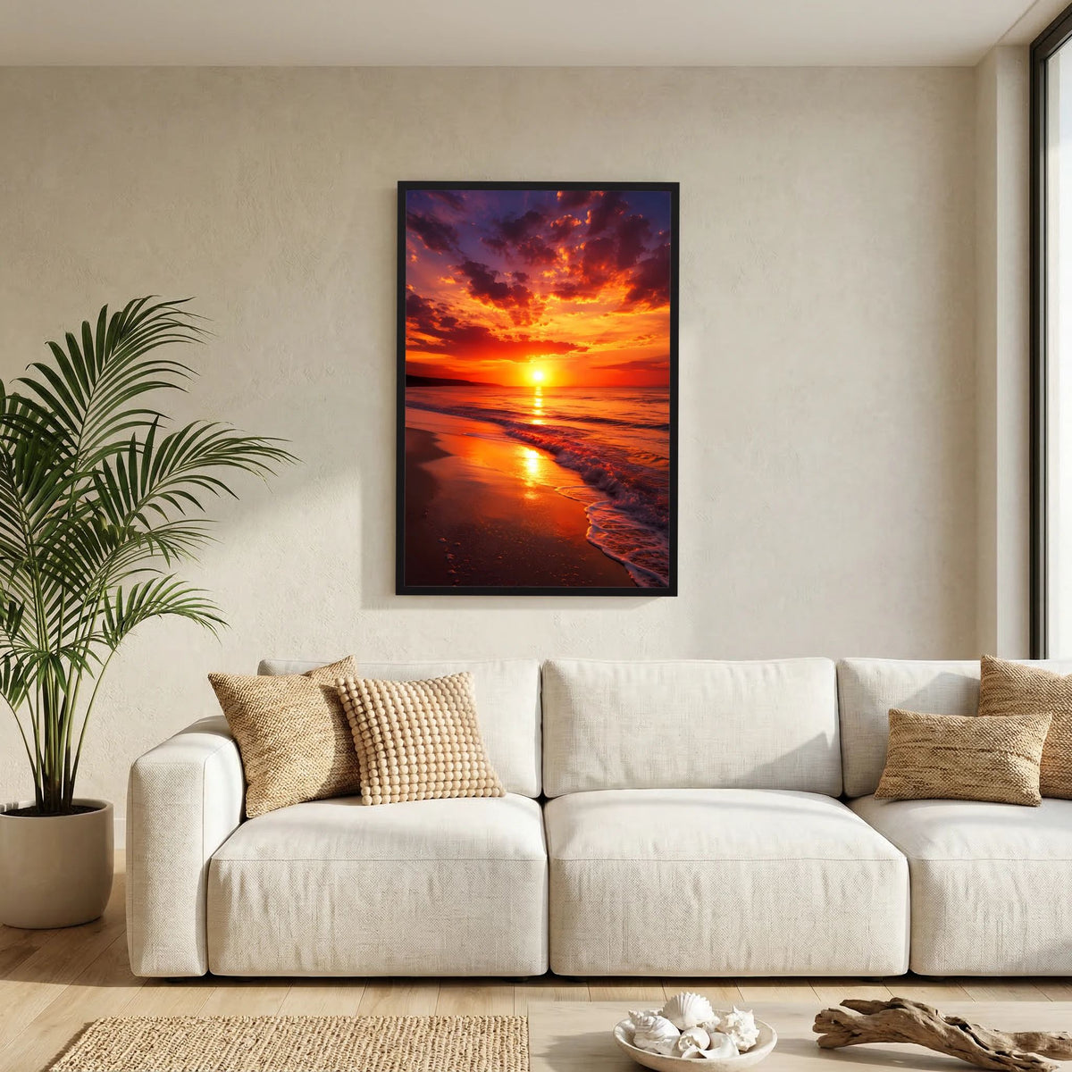 Hochformat-Poster mit Sonnenuntergang am Strand im schwarzen Rahmen, orange und violette Wolken