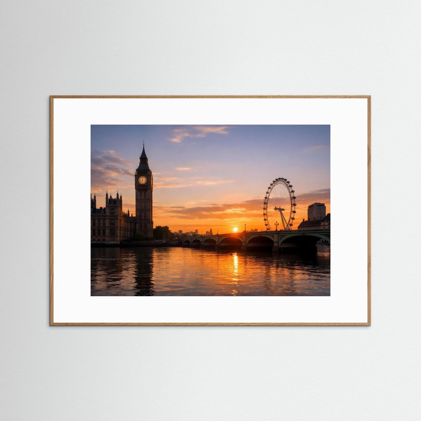 Panorama-Poster Big Ben und London Eye im Sonnenuntergang, brauner Holzrahmen
