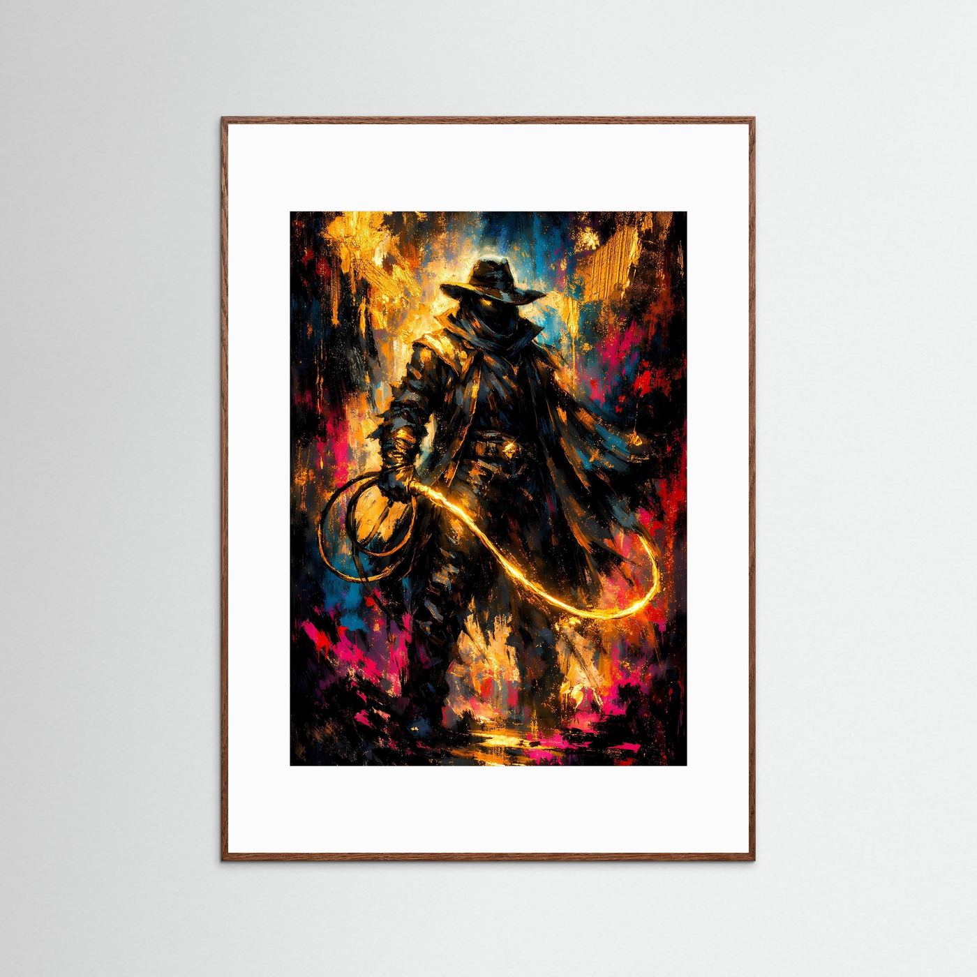 Cowboy-Poster im Hochformat mit goldener Peitsche, bunt abstraktes Motiv im dunklen Holzrahmen