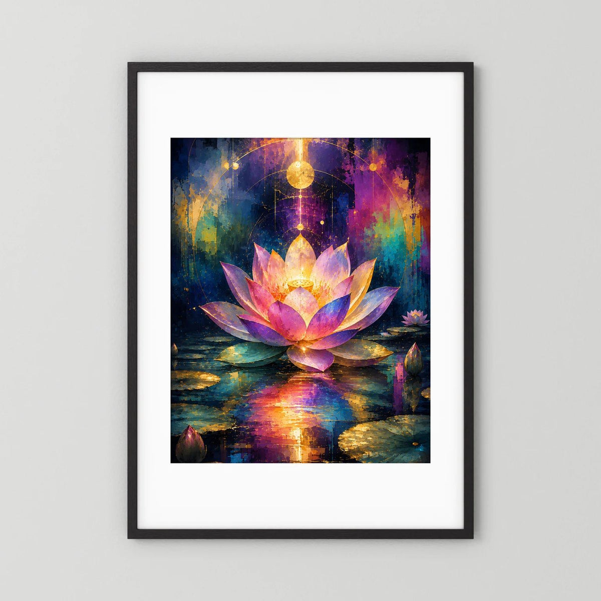 Wandbild mit schwarzem Rahmen und weißem Rand: Lotusblüte in Pink und Gold mit Spiegelung