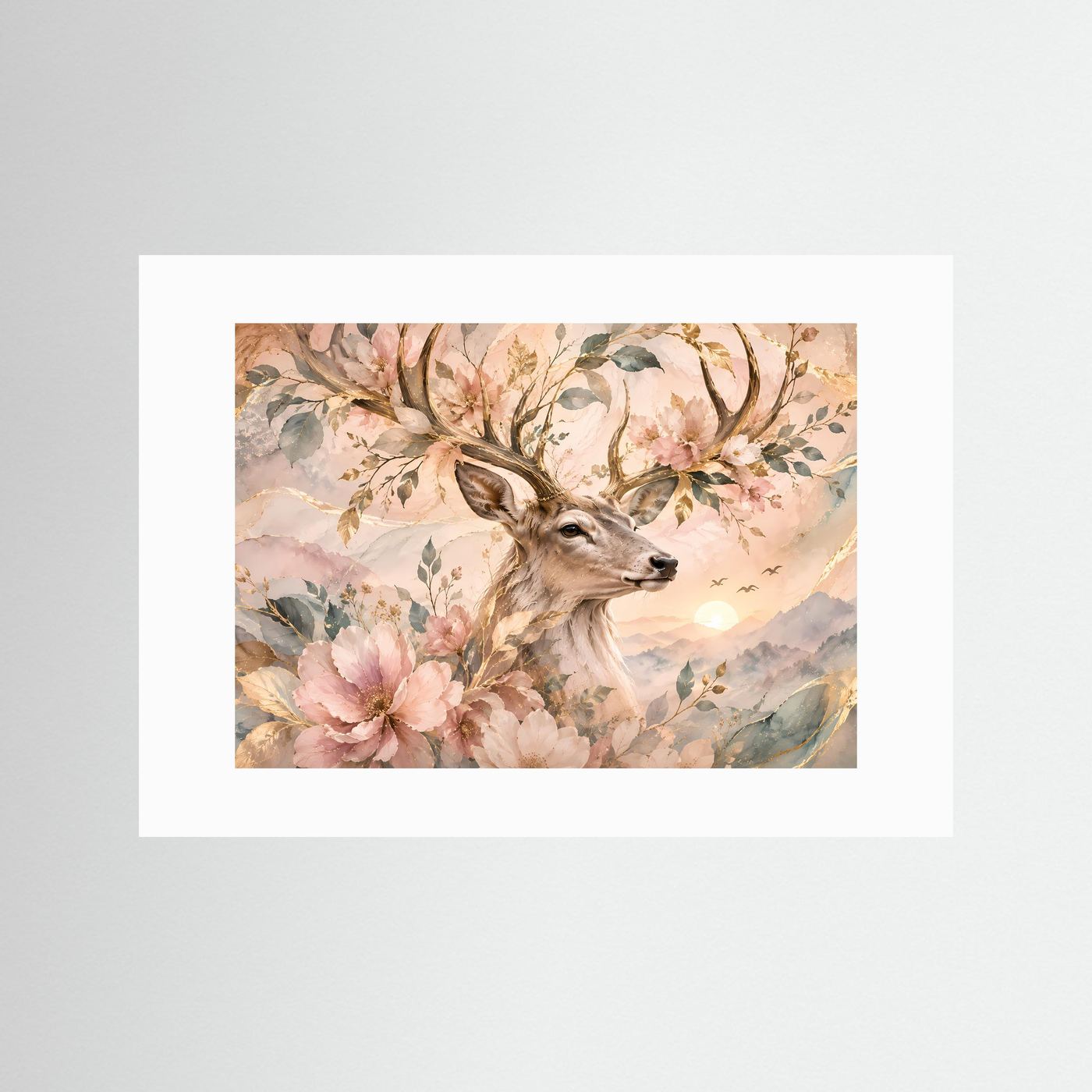Hirsch mit Blüten Poster | Eleganter Hirsch in floraler Naturkunst | Pastell Wandbild mit Goldakzenten | Romantische Waldkunst | Premium Leinwand & Wall Art