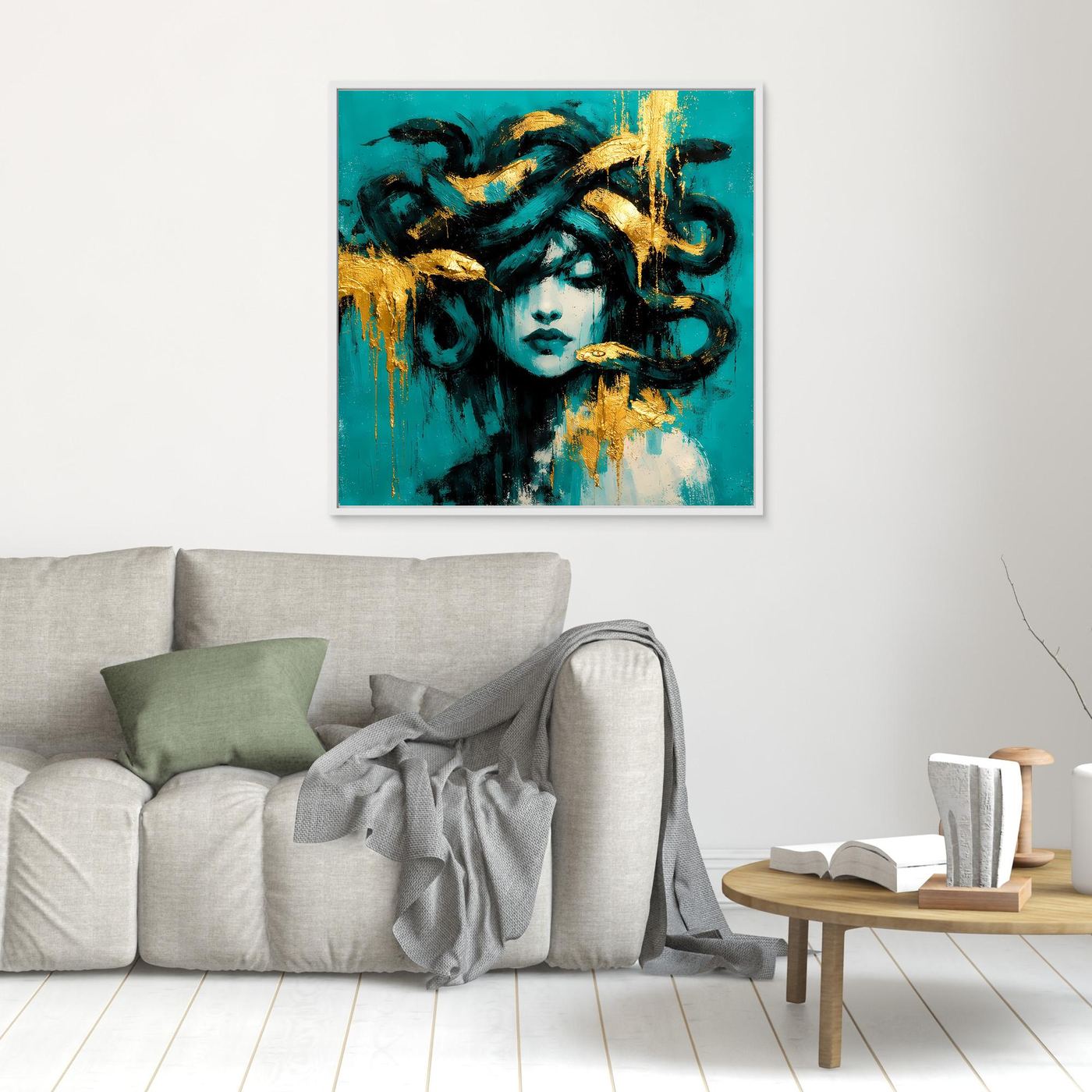 Leinwand Mythische Medusa in Türkis und Gold | Abstraktes Gorgonen Wandbild