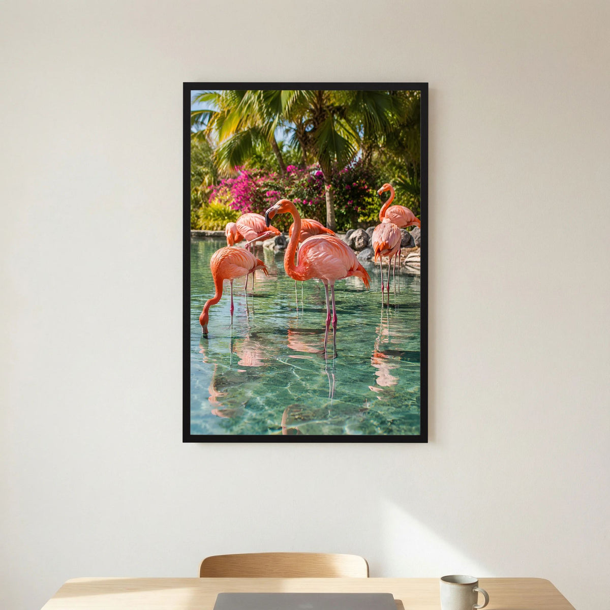 Poster Hochformat mit rosa Flamingos im Wasser und grünem Dschungel, schwarzer Rahmen