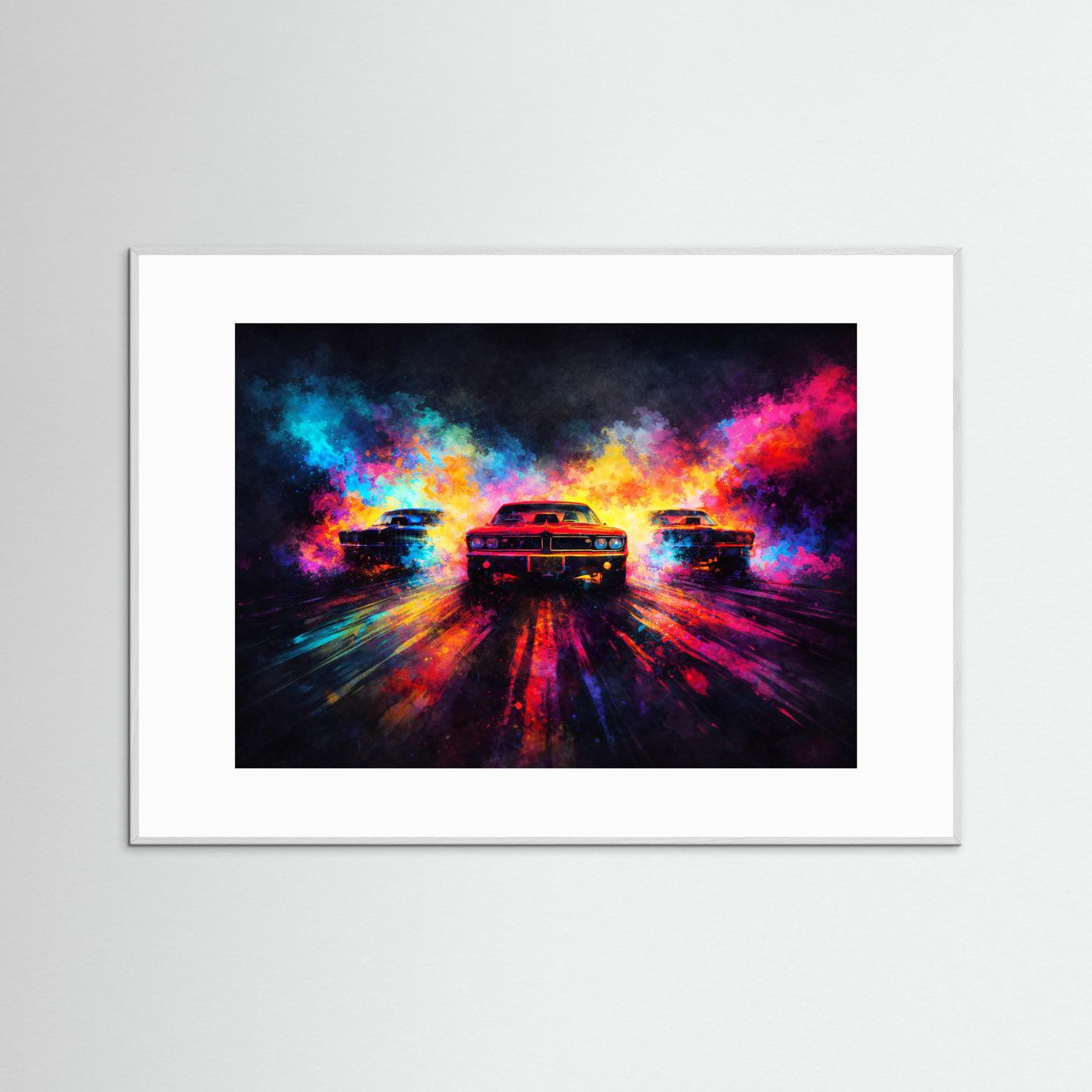 Explosive Neon Oldtimer | Buntes Retro Auto Wandbild & Kunst Poster Querformat