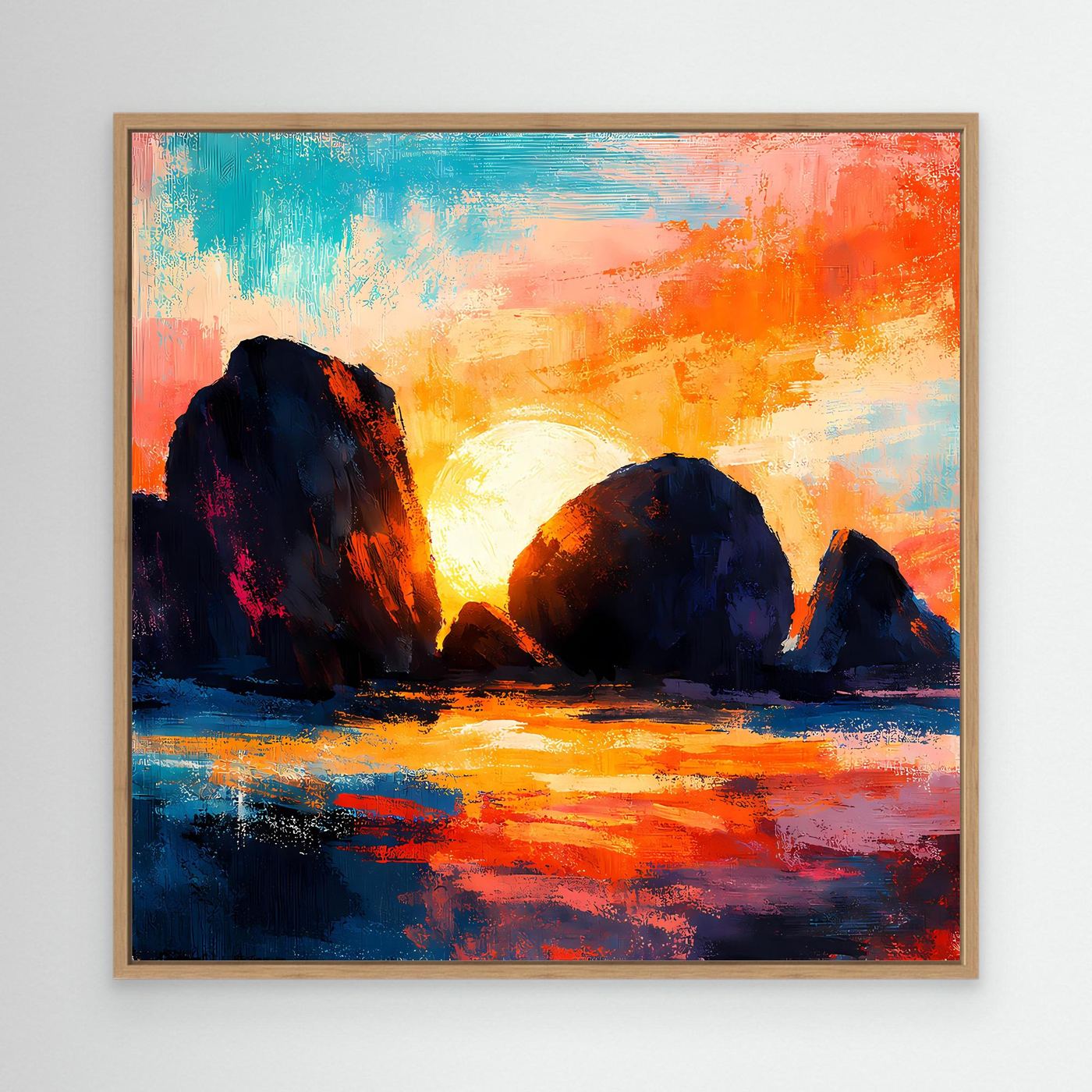 Abstraktes Küsten-Leinwandbild mit Holzrahmen: dunkle Felsen, Sonne und Spiegelung im Meer