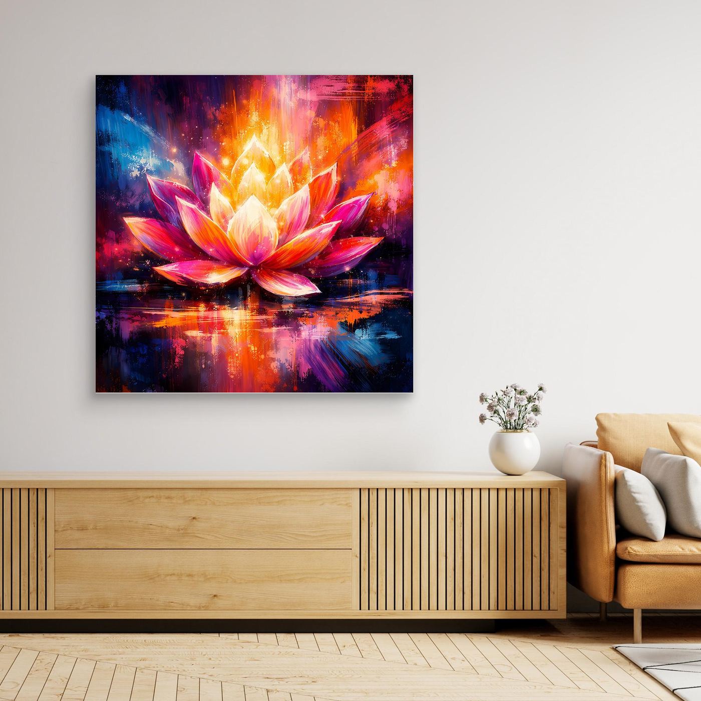 Wandbild mit abstrakter Lotusblüte, bunte Farben, Holzrahmen