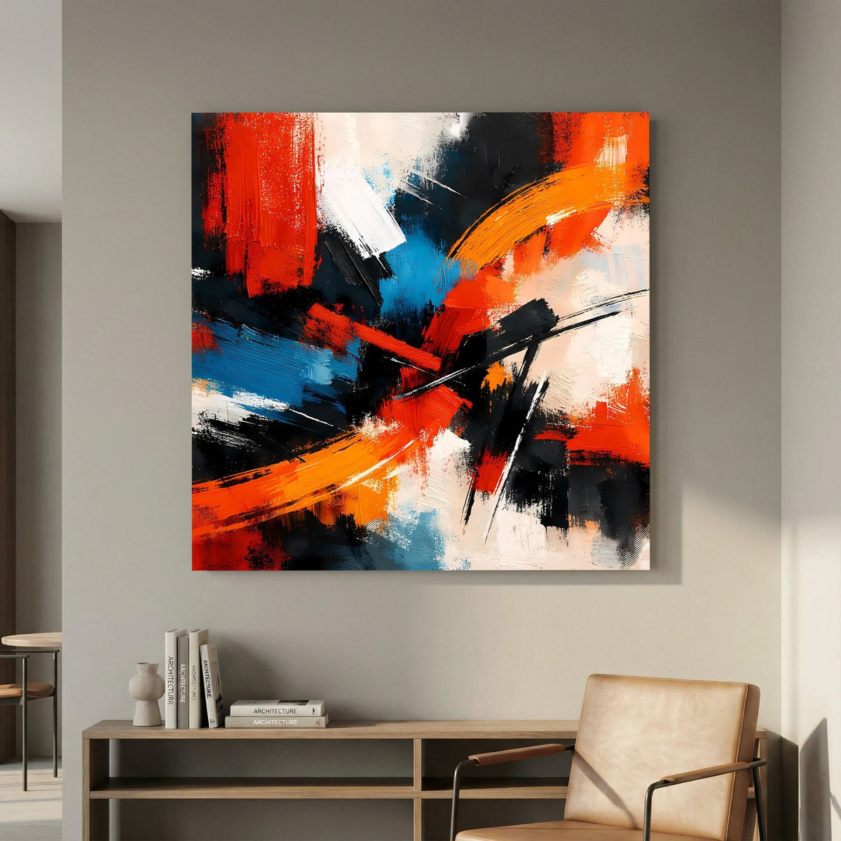 Quadratisches Leinwandbild mit dicken Pinselbahnen in Rot, Orange, Blau und Schwarz auf Keilrahmen