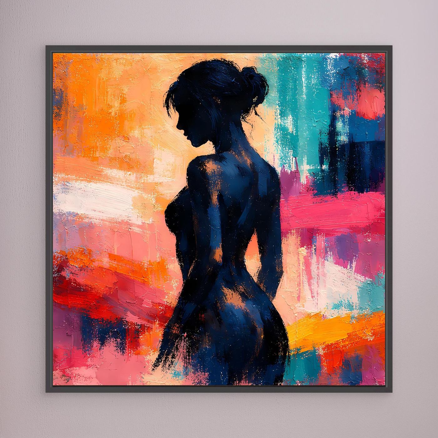 Gerahmtes Leinwand-Wandbild: abstrakte Frauen-Silhouette in dunklem Blau, schwarzer Rahmen